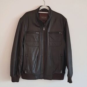 IZOD Mens Leather Brown Bomber Jacket. Size Large.